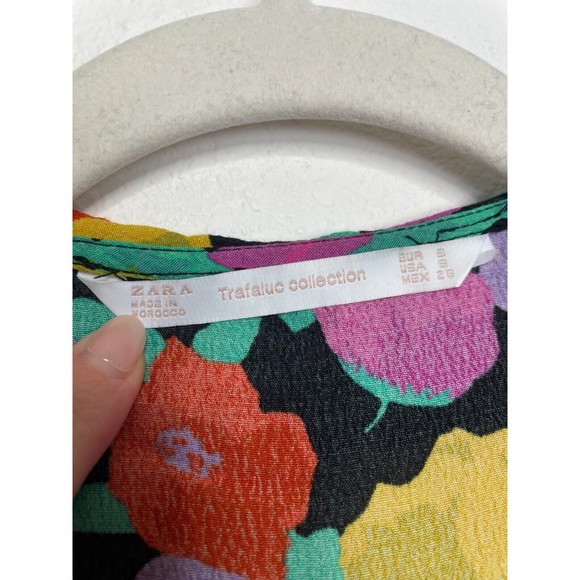 ZARA Trafaluc Small Floral Print Button-Up Shirt Open V-Neck Rolled Short Sleeve - Picture 11 of 16